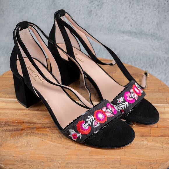Kate Spade Watson Suede and Cotton Embroidered Black Heels Womens Size 9.5 M